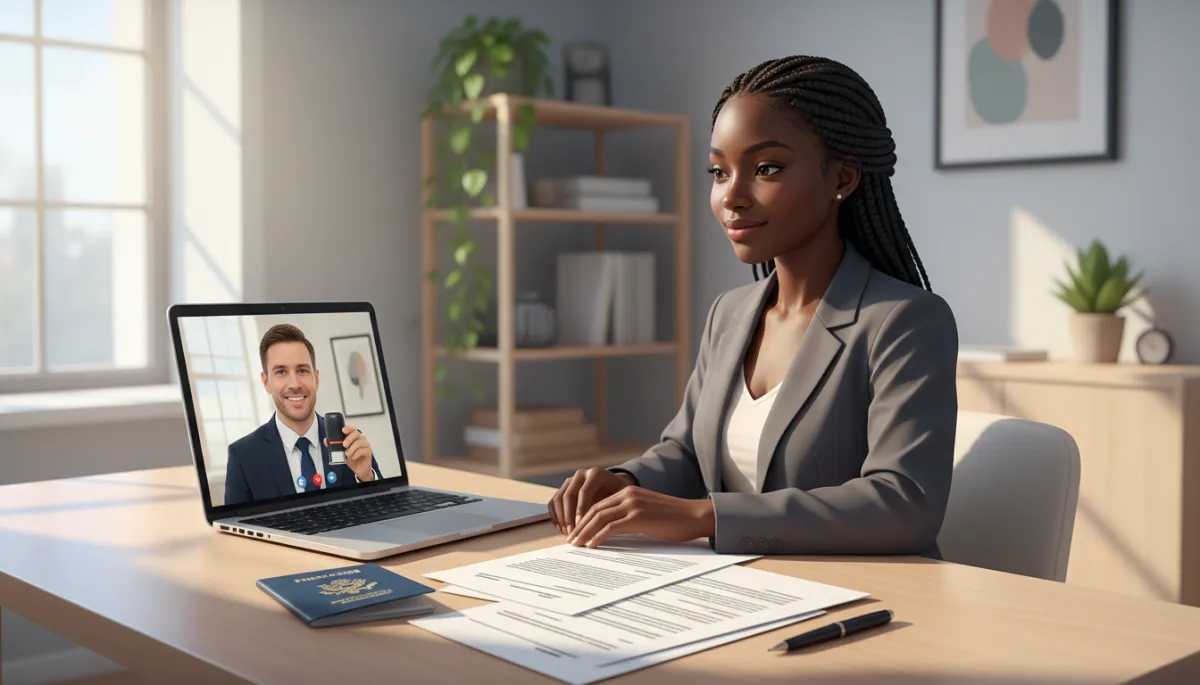 Professional, photorealistic scene featuring an African American individual sitting at a tidy home office desk, laptop open to a video call with a notary, passport and documents neatly laid out, soft natural light, calm and professional atmosphere, remote notarization context. Professional, photorealistic scene featuring an African American individual sitting at a tidy home office desk, laptop open to a video call with a notary, passport and documents neatly laid out, soft natural light, calm and professional atmosphere, remote notarization context.