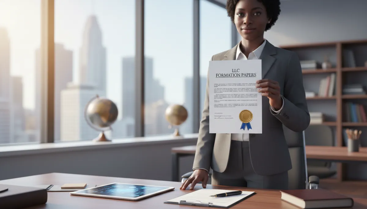 Person organizing LLC documents and notary seal on a desk Person organizing LLC documents and notary seal on a desk