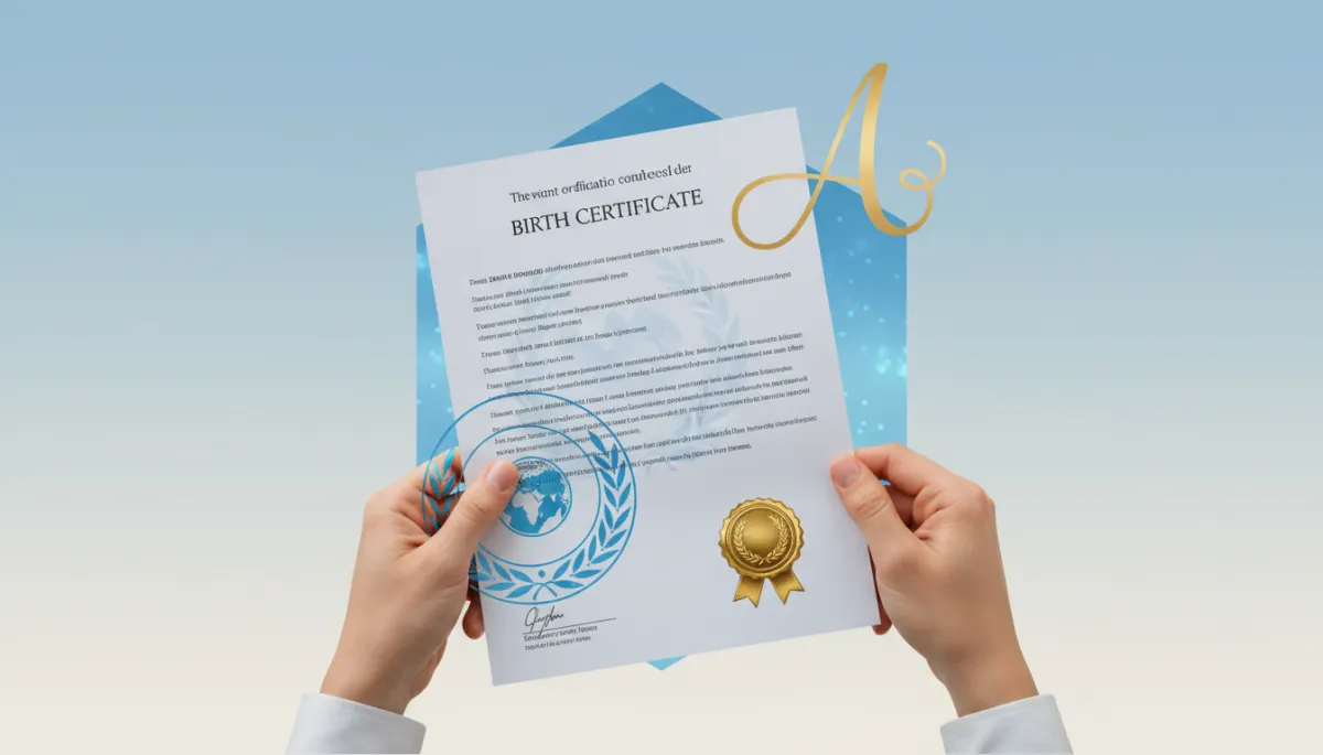 Close-up of a birth certificate being apostilled professionally