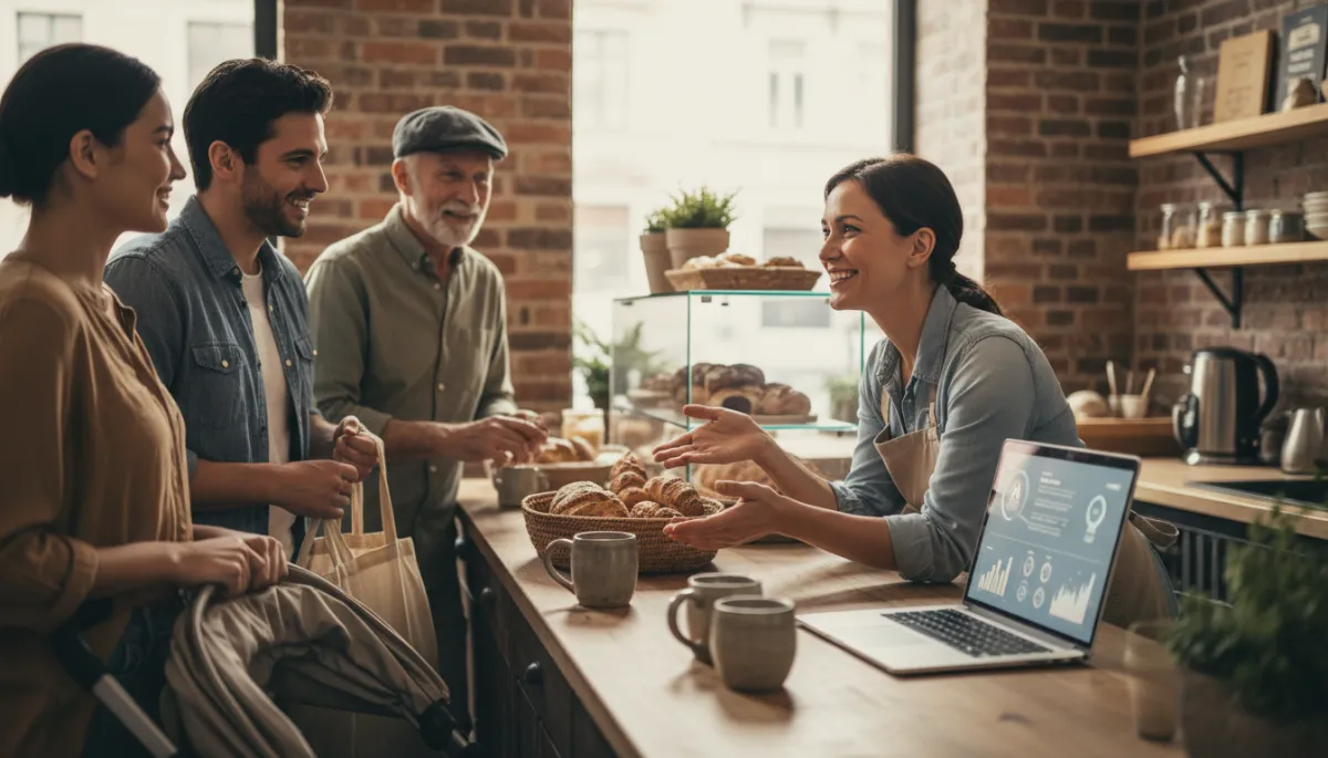 Local shop owner greeting customers while using AI tools behind the scenes