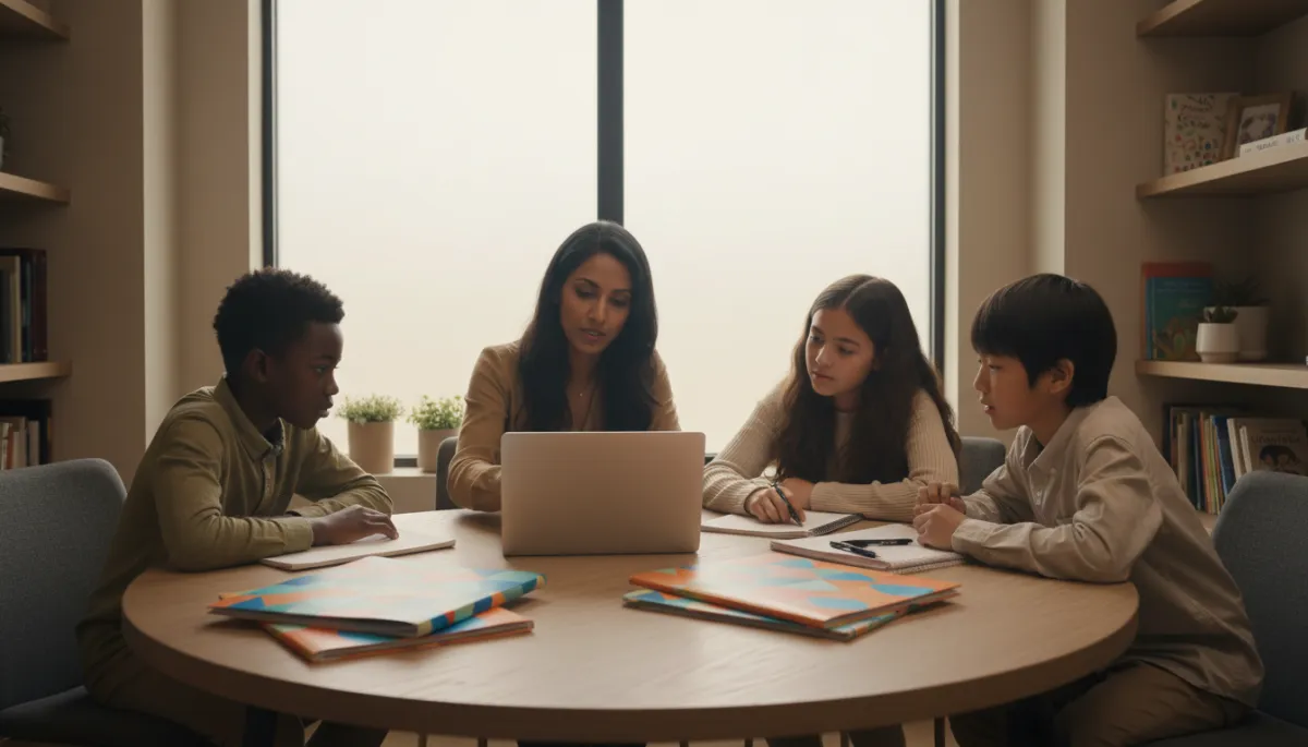 Teacher and minority students reviewing personalized learning plans in a microschool setting