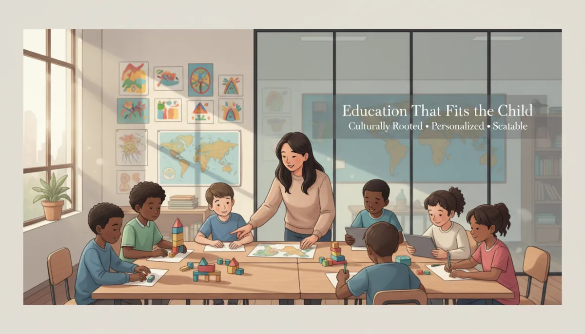 professional, neutral-toned classroom scene with a diverse group of minority children working in small groups around a large table, a caring educator guiding them, walls featuring student-created artwork and cultural maps, soft natural light, subtle text overlay on glass wall reading 'Education That Fits the Child' and 'Culturally Rooted • Personalized • Scalable'