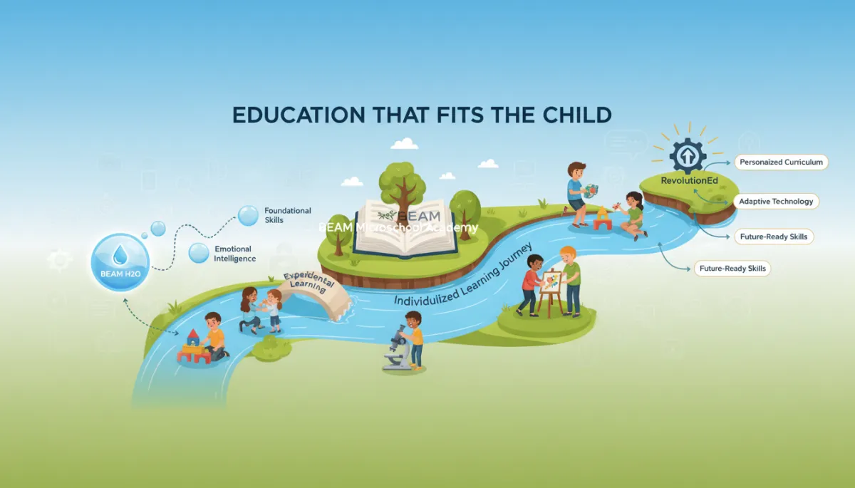 Add relevant visual aids or infographics to visually represent key concepts and enhance reader engagement. Context: This is for a blog post about "Education That Fits the Child: How BEAM H2O, BEAM Microschool Academy, and RevolutionEd Work in Harmony". Style: Professional quality, photorealistic, high resolution