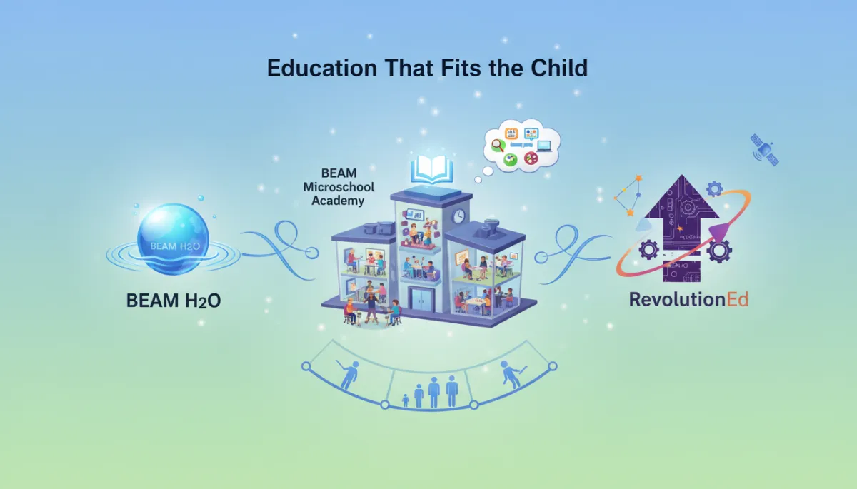 Add relevant visual aids or infographics to visually represent key concepts and enhance reader engagement. Context: This is for a blog post about "Education That Fits the Child: How BEAM H2O, BEAM Microschool Academy, and RevolutionEd Work in Harmony". Style: Professional quality, photorealistic, high resolution