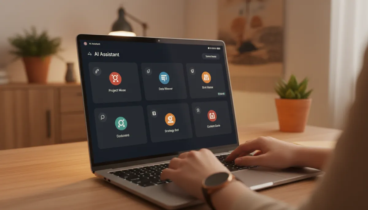 Laptop showing an AI workspace with multiple assistants for small business tasks