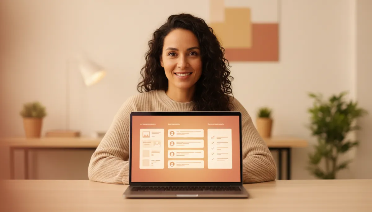 Small business owner reviewing AI-generated content and tasks on a laptop