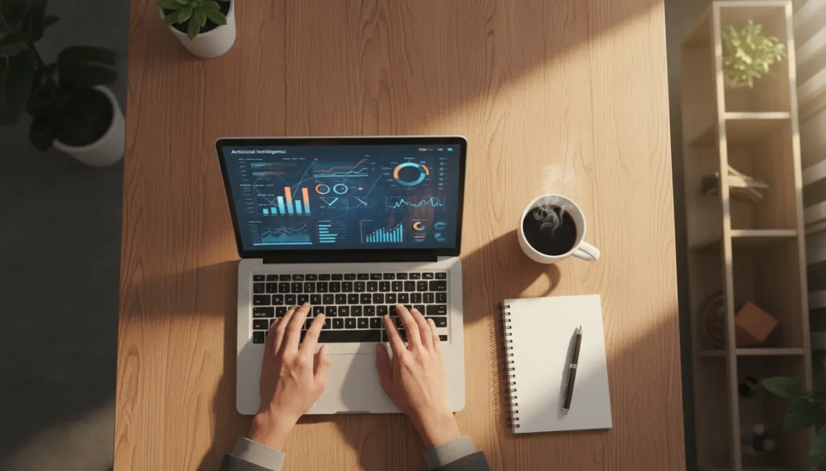 photorealistic overhead shot of a small business owner at a warm wooden desk, laptop open with an AI dashboard on screen, notebook and coffee nearby, soft afternoon light, modern tech-meets-business vibe with warm accents