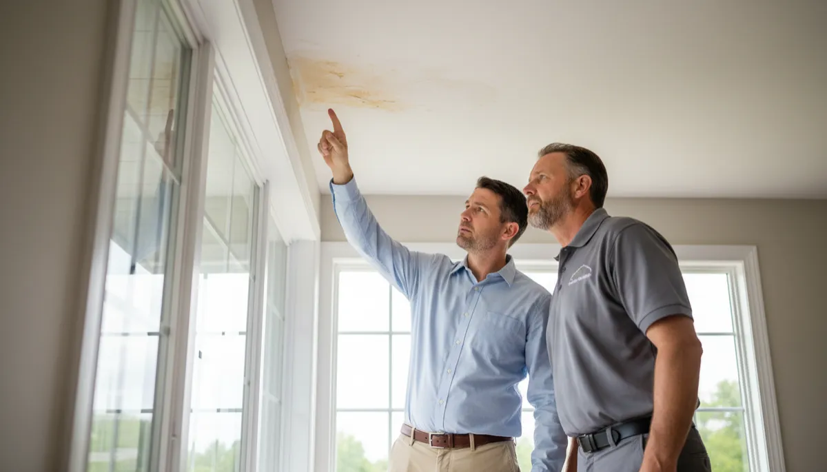 Homeowner reviewing ceiling water stain with roofing professional