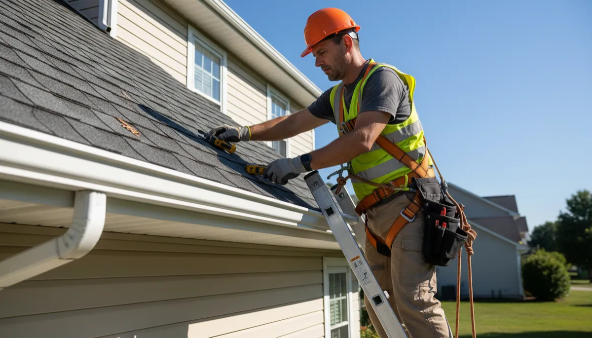 Roofing specialist inspecting shingles and gutters on a residential home