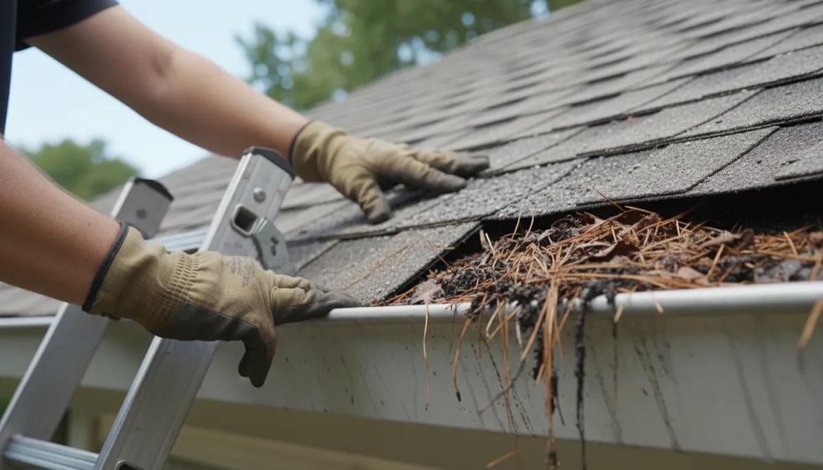 Homeowner inspecting roof shingles and gutters for wear and granule loss