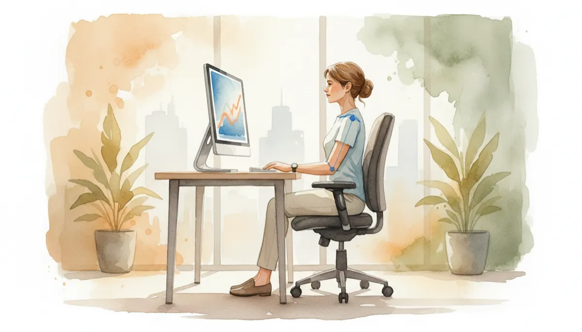 Side view of a desk worker maintaining ergonomic posture with aligned screen and chair Side view of a desk worker maintaining ergonomic posture with aligned screen and chair