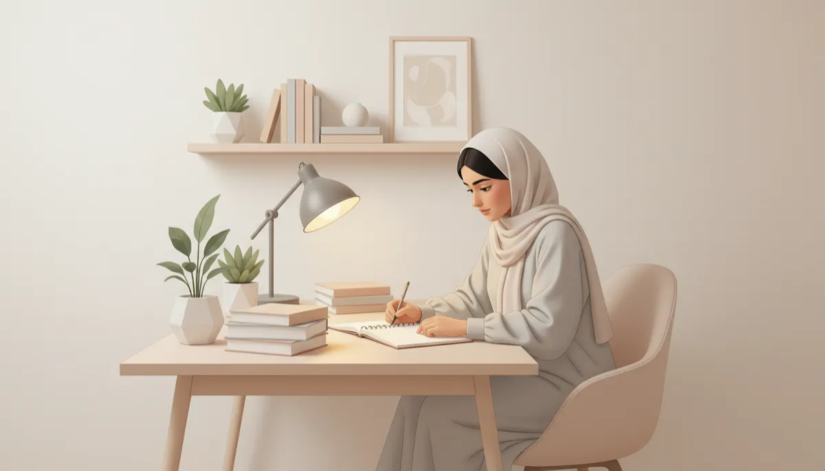 طالبة تجلس في ركن مذاكرة منظم تراجع دروسها بهدوء طالبة تجلس في ركن مذاكرة منظم تراجع دروسها بهدوء