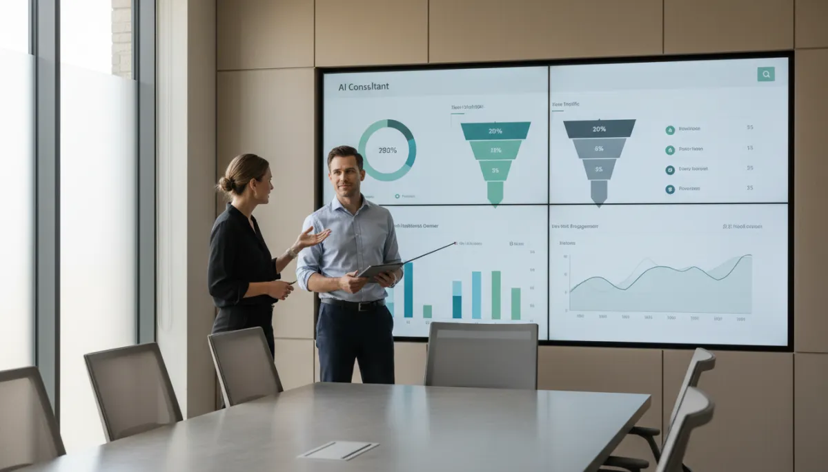 Business owner reviewing website performance with an AI consultant in a meeting room Business owner reviewing website performance with an AI consultant in a meeting room