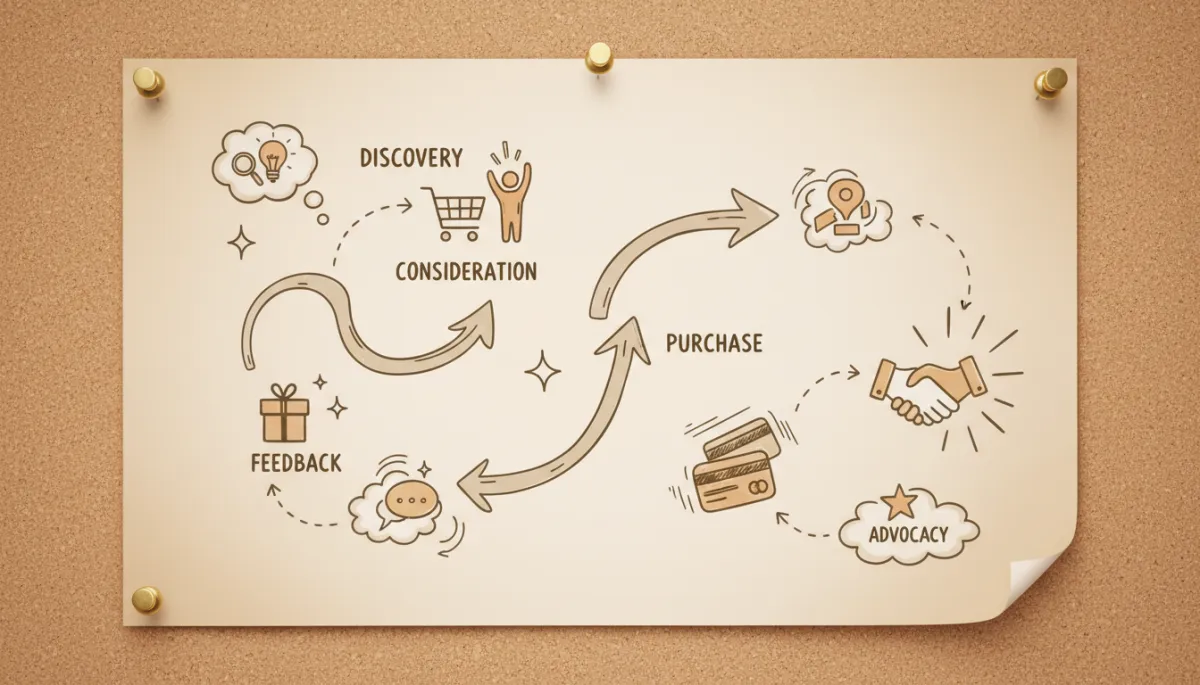 Illustration of a customer journey from discovery to purchase
