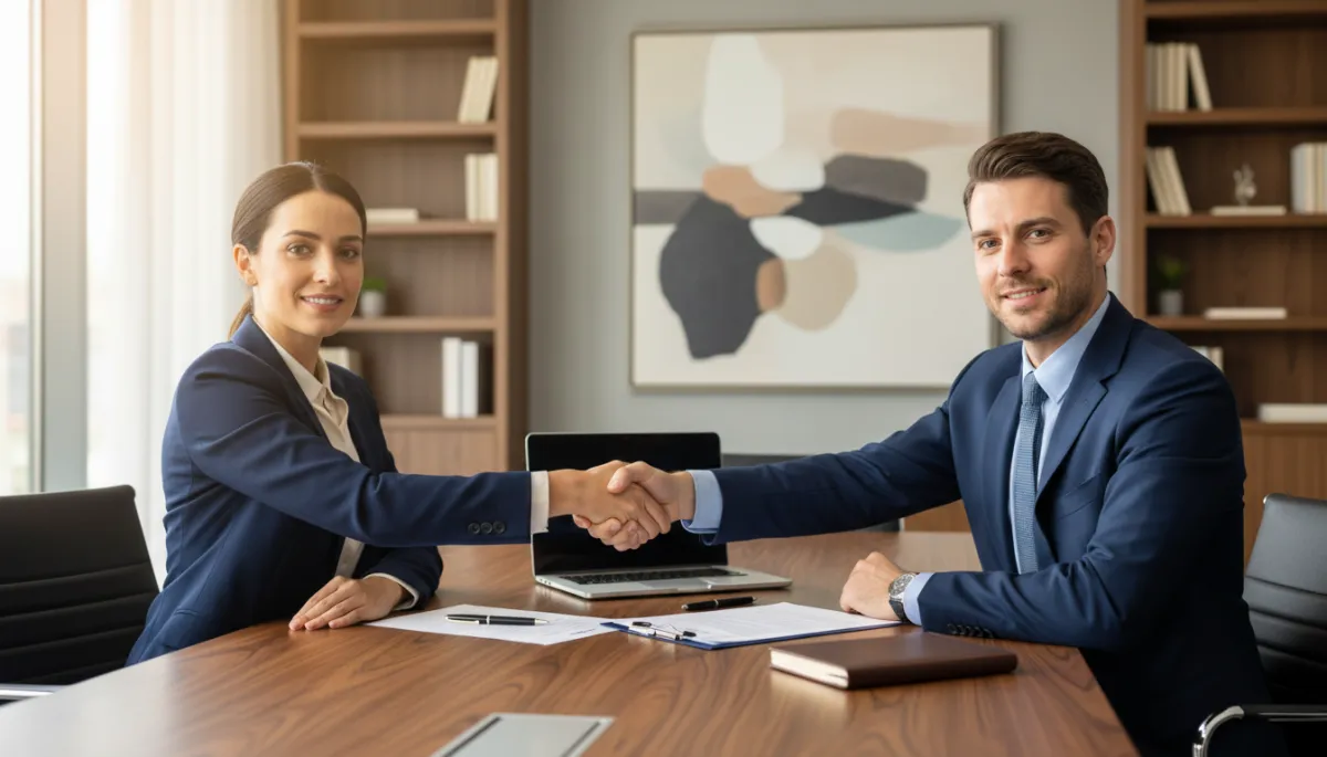 Business leaders closing a deal after reviewing a compelling offer Business leaders closing a deal after reviewing a compelling offer