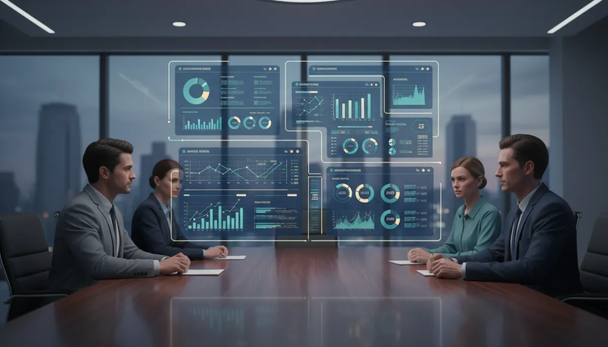 3D render digital art of executives reviewing a complex web dashboard 3D render digital art of executives reviewing a complex web dashboard