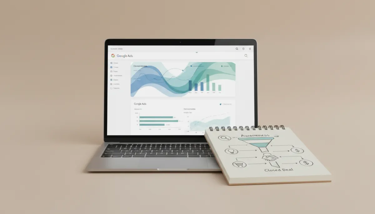 professional neutral-toned close-up of a laptop screen showing a Google Ads dashboard with conversion metrics, beside a notepad outlining a sales funnel from click to closed deal, clean professional photography style