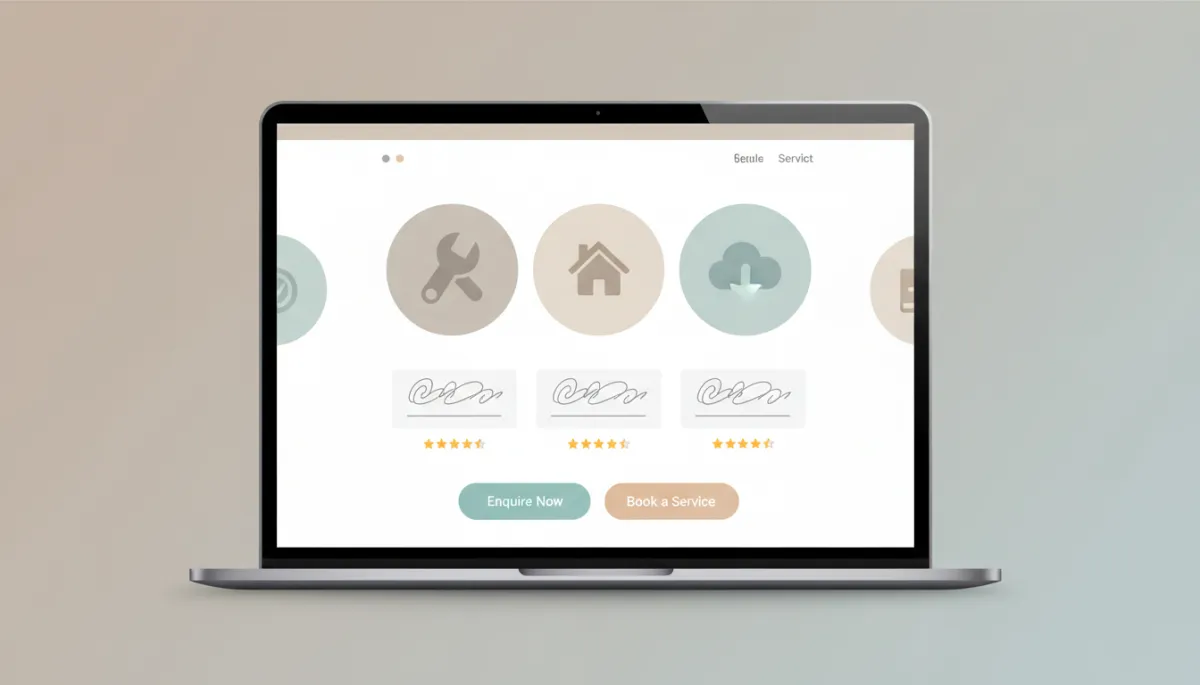 professional neutral-toned website mockup on a laptop screen showing service photos, real client testimonials, Google review stars, and prominent enquiry buttons on a clean conversion-focused layout