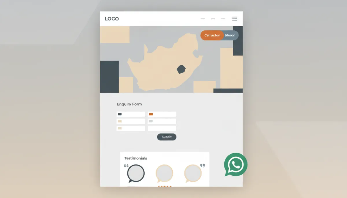 professional neutral-toned screenshot-style layout showing a South African service business website with clear call-to-action buttons, WhatsApp icon, enquiry form, and testimonial section, clean and modern professional style professional neutral-toned screenshot-style layout showing a South African service business website with clear call-to-action buttons, WhatsApp icon, enquiry form, and testimonial section, clean and modern professional style