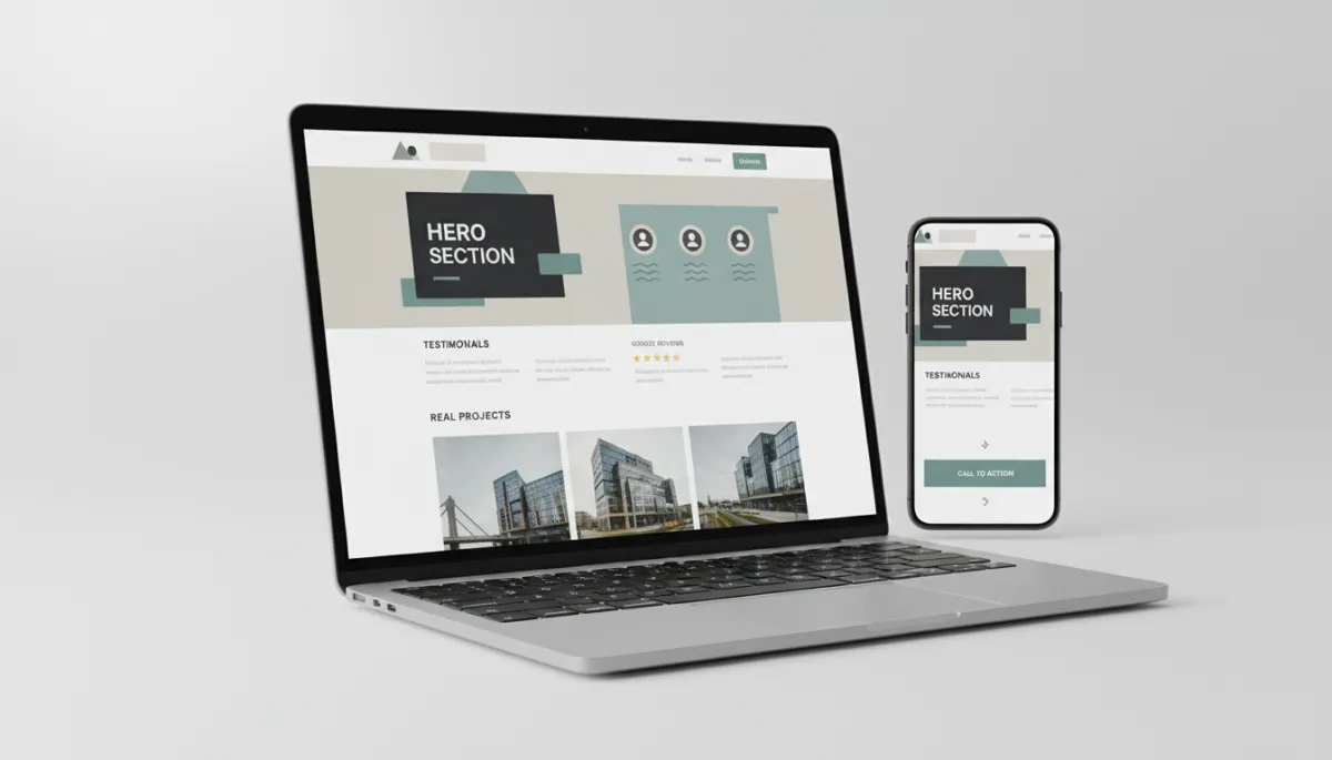 professional neutral-colour layout showing a business website mockup with testimonials, Google reviews, real project photos, and strong call-to-action buttons displayed on a laptop and smartphone professional neutral-colour layout showing a business website mockup with testimonials, Google reviews, real project photos, and strong call-to-action buttons displayed on a laptop and smartphone