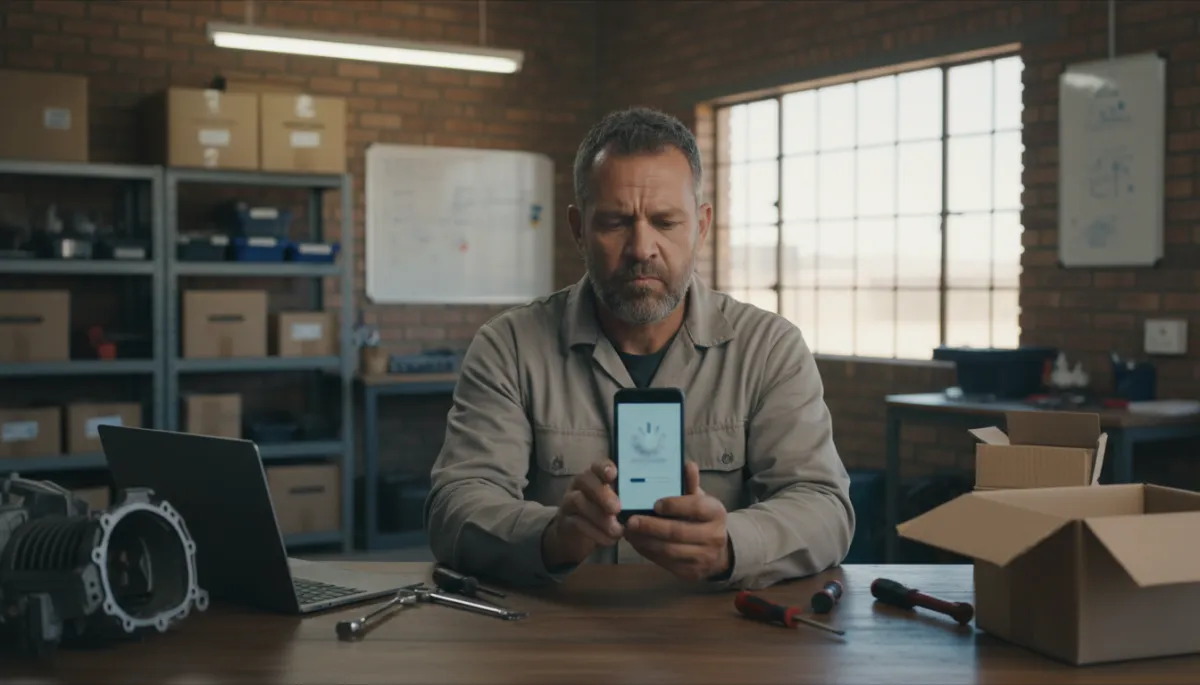 South African business owner frustrated with a slow-loading website on a phone South African business owner frustrated with a slow-loading website on a phone