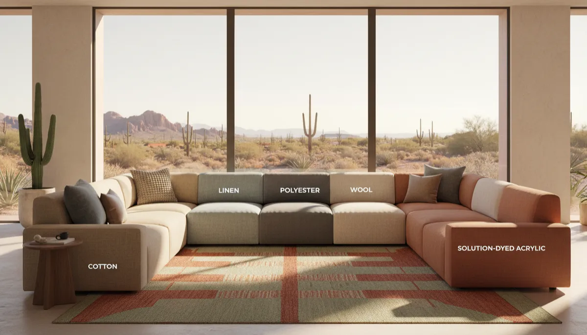 Photorealistic, high-resolution image of an inviting Arizona living room with large windows showcasing desert scenery. The interior features a modern sofa upholstered in various textile fibers, each section labeled subtly (e.g., cotton, linen, polyester, wool, solution-dyed acrylic). Sunlight streams in, highlighting the texture and color of each fabric. A woven area rug, decorative throw pillows in different materials, and a potted cactus complete the scene. The overall palette reflects warm desert tones, with clean lines and minimalistic decor, emphasizing both style and the diversity of textile fibers suitable for Arizona homes. Photorealistic, high-resolution image of an inviting Arizona living room with large windows showcasing desert scenery. The interior features a modern sofa upholstered in various textile fibers, each section labeled subtly (e.g., cotton, linen, polyester, wool, solution-dyed acrylic). Sunlight streams in, highlighting the texture and color of each fabric. A woven area rug, decorative throw pillows in different materials, and a potted cactus complete the scene. The overall palette reflects warm desert tones, with clean lines and minimalistic decor, emphasizing both style and the diversity of textile fibers suitable for Arizona homes.