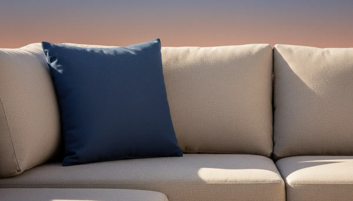 Close-up of durable solution-dyed acrylic outdoor cushions on a patio sofa Close-up of durable solution-dyed acrylic outdoor cushions on a patio sofa