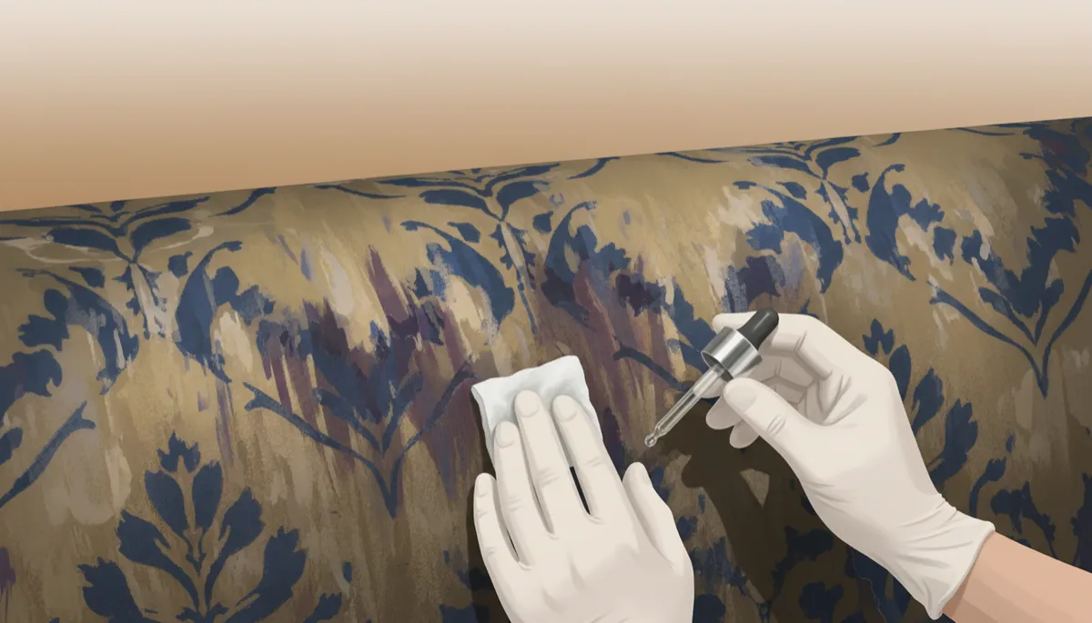 A close-up, realistic photo of a section of upholstery with visible water marks and dye bleeding, with a professional fabric technician performing a fabric test in the foreground.