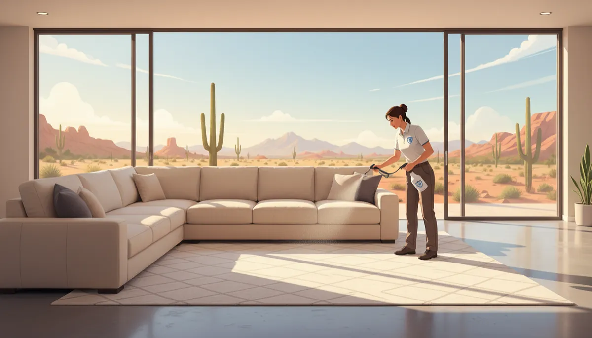 A visually engaging hero image showing a sunlit, modern Arizona living room with a light-colored sofa and rug, large glass doors opening to a desert landscape, and a professional technician in branded attire applying fabric protector to the sofa. The scene should capture the clean, inviting atmosphere and emphasize fabric care in an Arizona setting. A visually engaging hero image showing a sunlit, modern Arizona living room with a light-colored sofa and rug, large glass doors opening to a desert landscape, and a professional technician in branded attire applying fabric protector to the sofa. The scene should capture the clean, inviting atmosphere and emphasize fabric care in an Arizona setting.