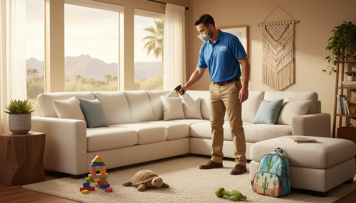 A realistic image of a technician carefully applying fabric protector to a light-colored sofa in a stylish family home, with visible kids' toys or pet accessories nearby to highlight real-life use. The scene should feel welcoming and relatable for Arizona families. A realistic image of a technician carefully applying fabric protector to a light-colored sofa in a stylish family home, with visible kids' toys or pet accessories nearby to highlight real-life use. The scene should feel welcoming and relatable for Arizona families.