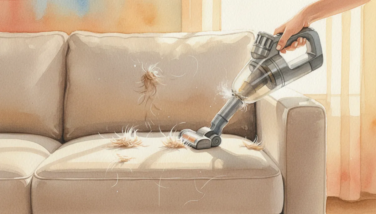 Close-up of pet hair being vacuumed from performance fabric sofa in bright room Close-up of pet hair being vacuumed from performance fabric sofa in bright room