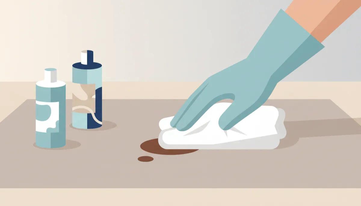 Technician carefully blotting a chocolate stain on a neutral area rug Technician carefully blotting a chocolate stain on a neutral area rug