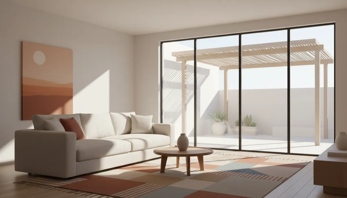 professional neutral-toned Southwest living room with large windows, linen sofa, wool rug and outdoor patio visible through glass, soft afternoon light, clean and elegant styling professional neutral-toned Southwest living room with large windows, linen sofa, wool rug and outdoor patio visible through glass, soft afternoon light, clean and elegant styling