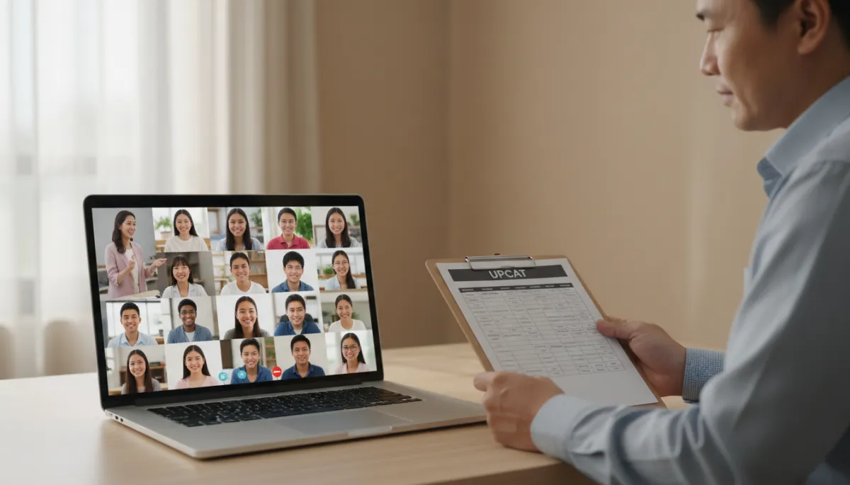 Parent and student evaluating a live online UPCAT review session at home