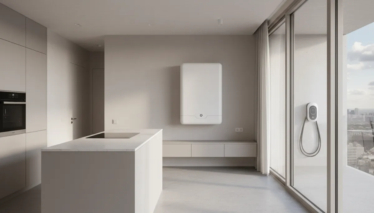 Modern electrified apartment with heat pump, induction cooking, and EV charging Modern electrified apartment with heat pump, induction cooking, and EV charging