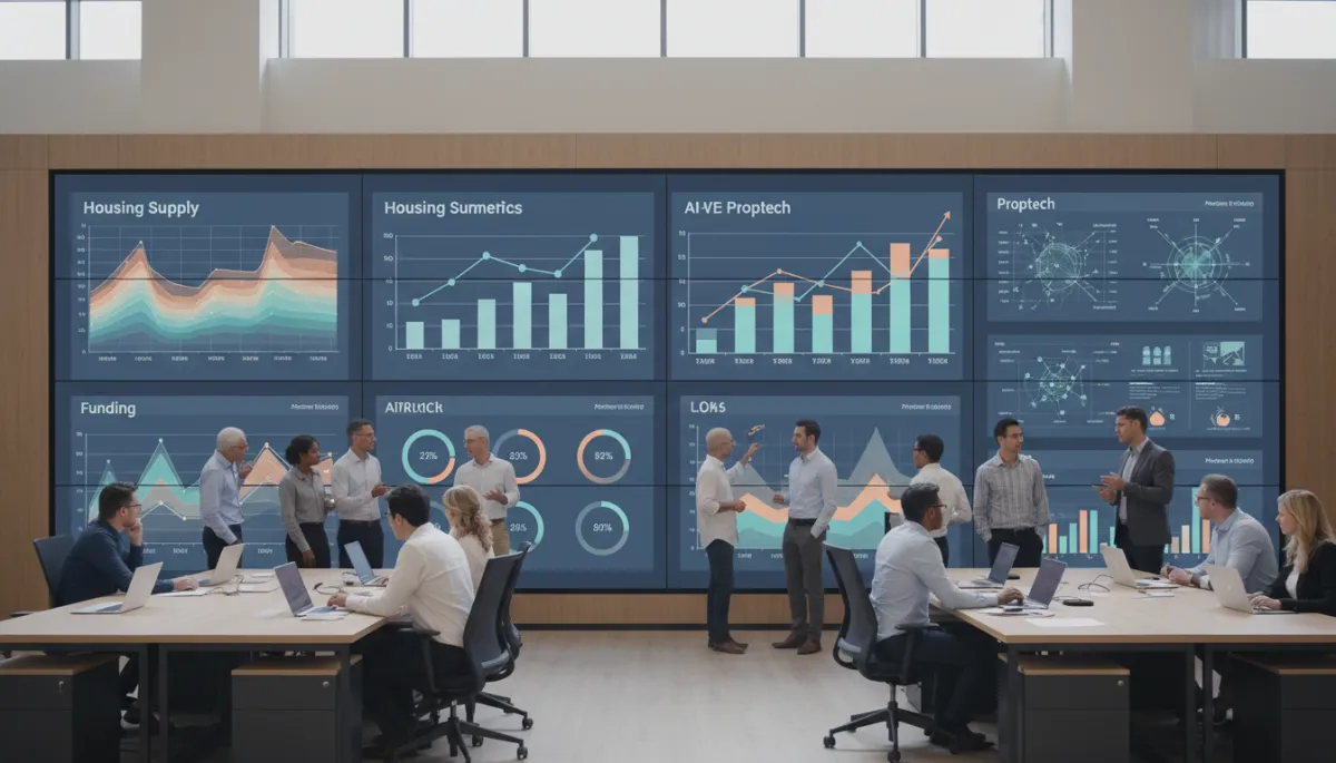 Real estate professionals reviewing dashboards with housing and proptech analytics