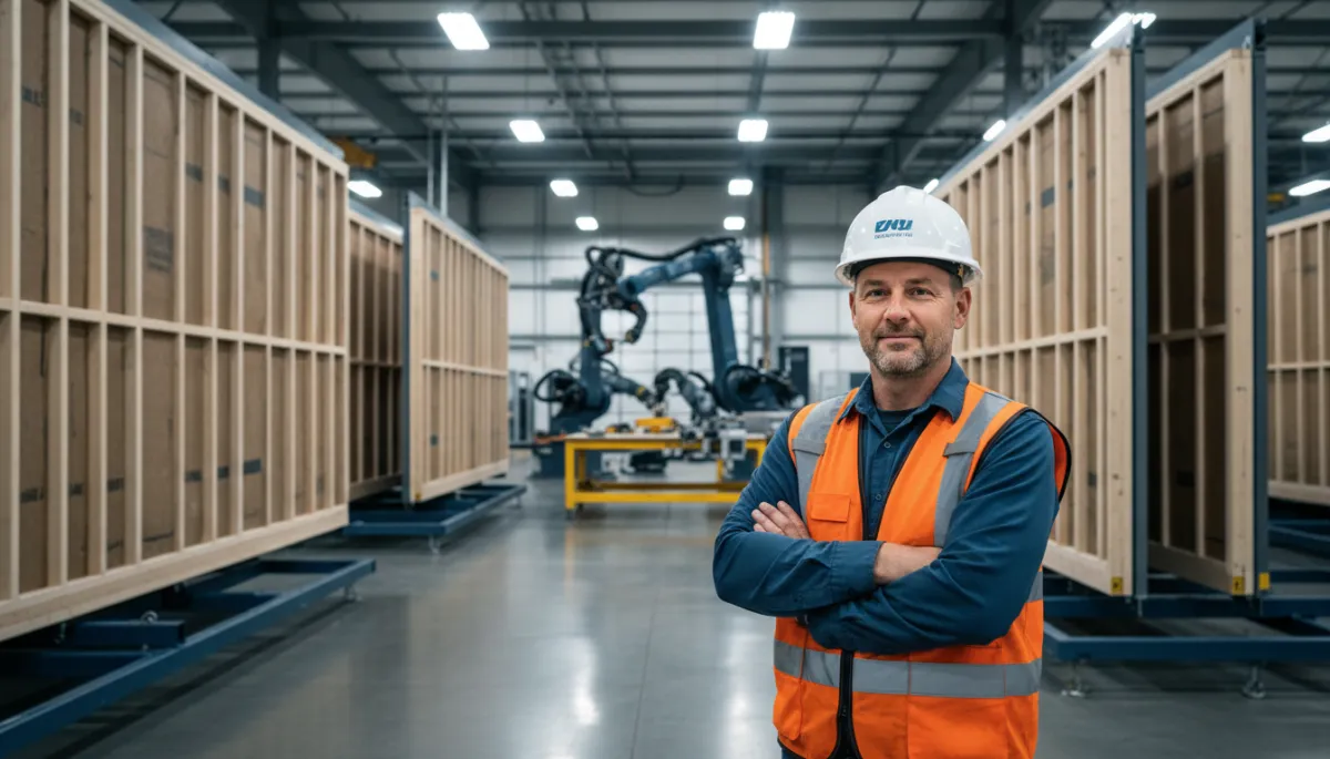 Photorealistic portrait of Doug Hayden in a modular housing factory Photorealistic portrait of Doug Hayden in a modular housing factory