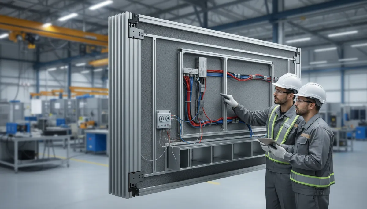 Photorealistic modular wall section showing integrated structure, insulation, and sensors Photorealistic modular wall section showing integrated structure, insulation, and sensors