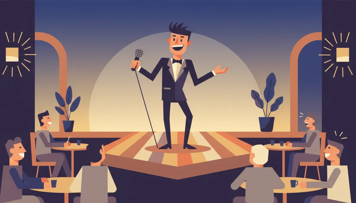 Comedian performing confidently to a small audience in a lounge Comedian performing confidently to a small audience in a lounge