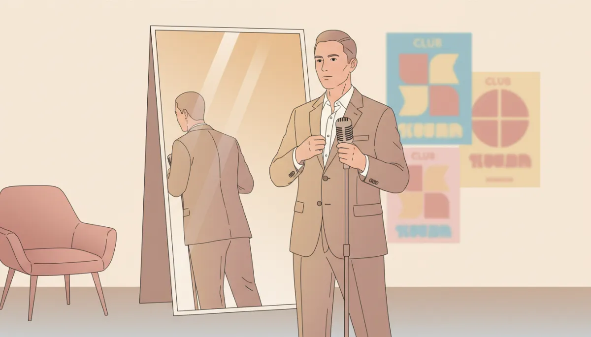 professional neutral-toned photo of a comedian backstage adjusting their outfit in a mirror, holding a microphone, soft warm lighting and club posters in background professional neutral-toned photo of a comedian backstage adjusting their outfit in a mirror, holding a microphone, soft warm lighting and club posters in background