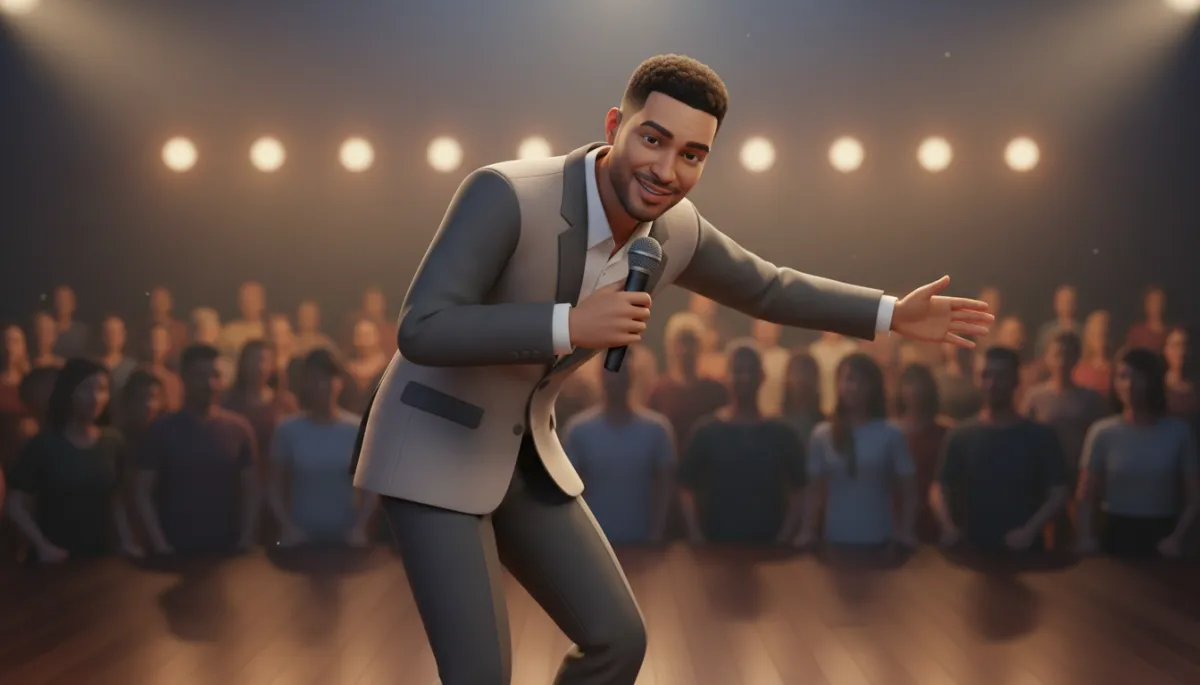 Professional comedian performing on stage with engaged audience Professional comedian performing on stage with engaged audience