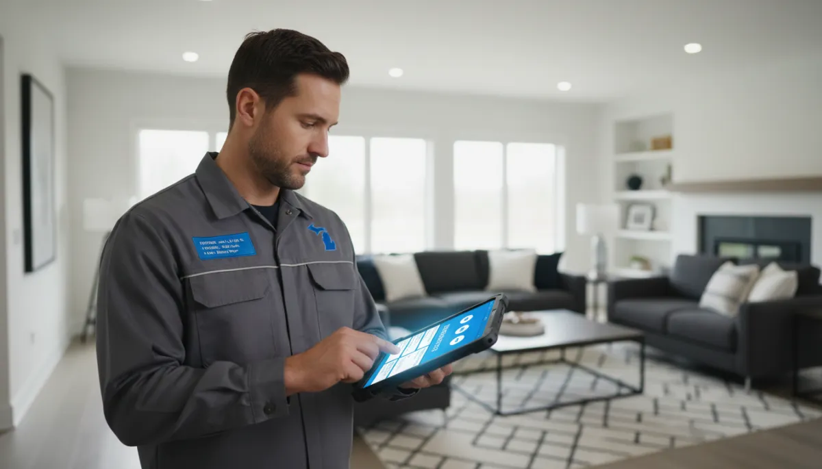 Home service technician using tablet with automated business systems