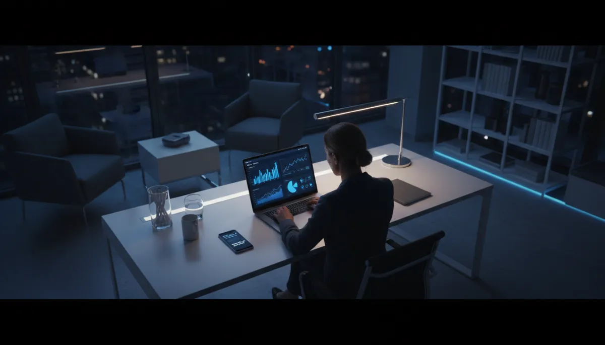 photorealistic overhead view of a small business owner in a modern office at night, working on a laptop showing a CRM dashboard with Electric Blue #2563EB charts on a Midnight Black #0A0F1E background, smartphone on desk displaying missed call text back notification, soft blue accent lighting