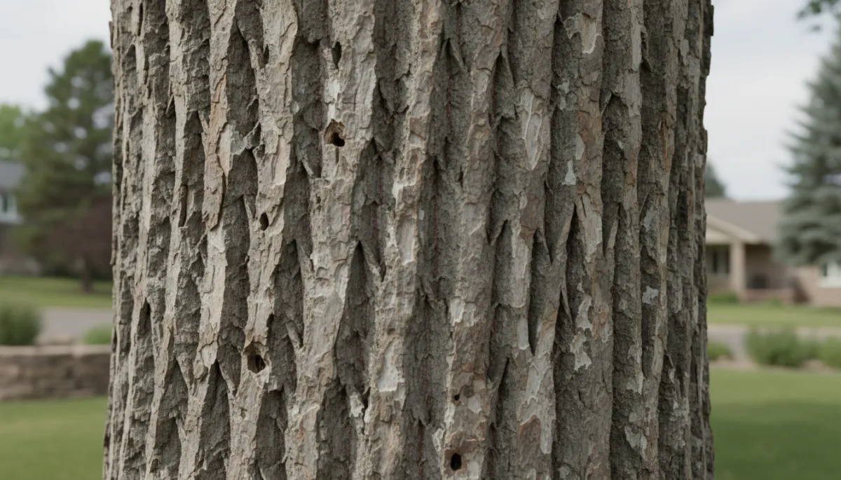 Close-up of ash tree bark with D-shaped exit holes and woodpecker flecking Close-up of ash tree bark with D-shaped exit holes and woodpecker flecking