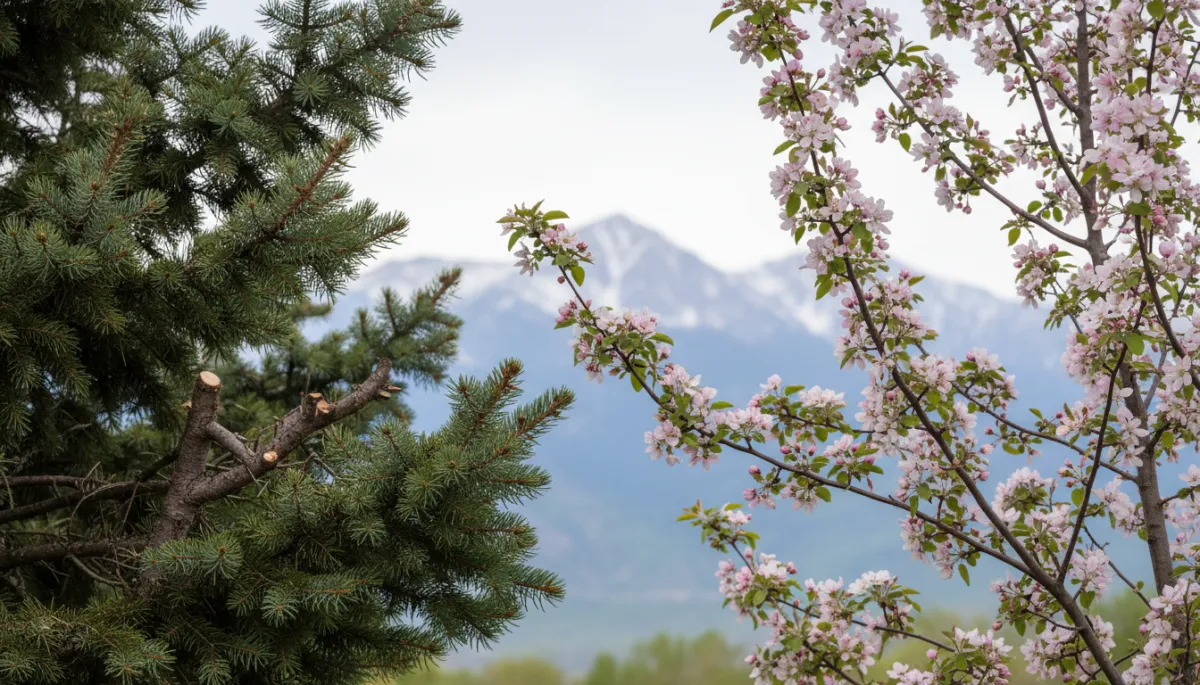 Healthy branches on a pruned evergreen and flowering ornamental tree in Colorado Healthy branches on a pruned evergreen and flowering ornamental tree in Colorado