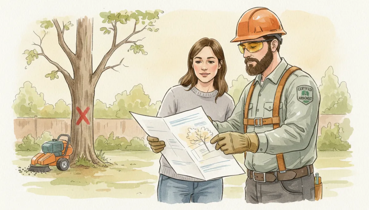 professional photorealistic close-up of a certified arborist in safety gear explaining a printed tree removal estimate to a Denver homeowner in a neutral-toned backyard, with a marked tree and stump grinder visible in the background, calm professional atmosphere