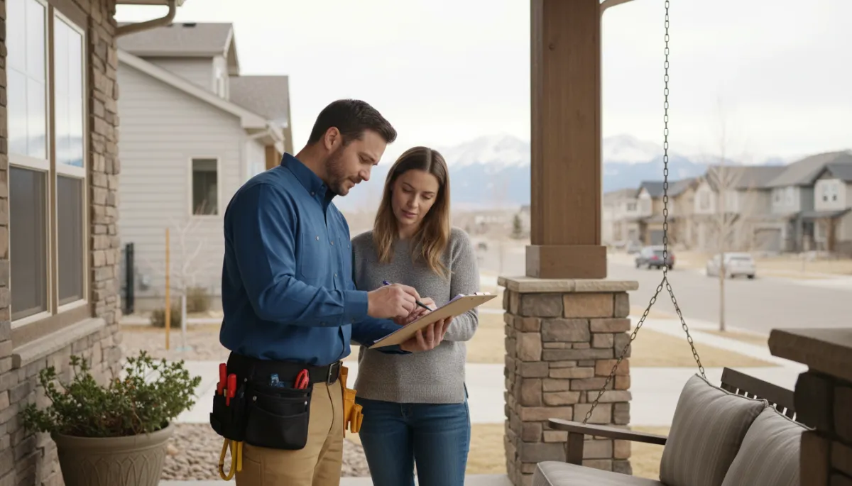 Electrician and homeowner reviewing a spring electrical safety checklist on a porch