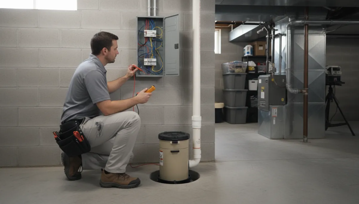 Electrician inspecting an electrical panel near a sump pump in a basement