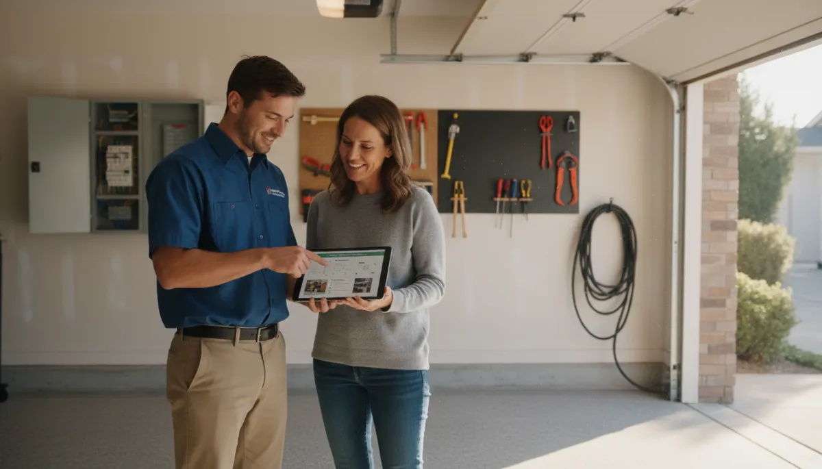 Electrician discussing electrical panel upgrade options with a homeowner in a garage Electrician discussing electrical panel upgrade options with a homeowner in a garage