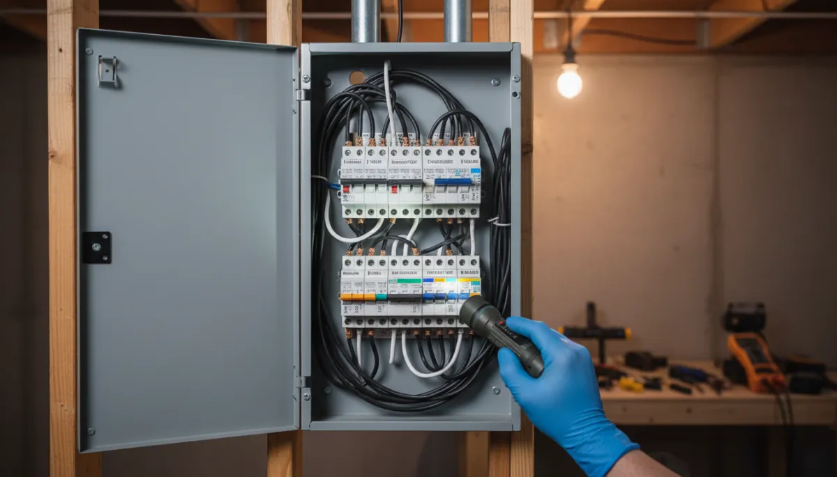 Close-up of an electrical panel being inspected with a flashlight Close-up of an electrical panel being inspected with a flashlight